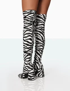 Public Desire Meridian Zebra Grain Pu Block Heel Over The Knee High Boots | Women Knee High Boots