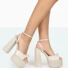 Public Desire Mia Ecru Satin Pearl Open Toe Block Platform Heels | Women Platform Heels