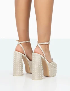 Public Desire Mia Ecru Satin Pearl Open Toe Block Platform Heels | Women Platform Heels