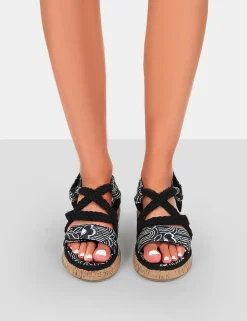 Public Desire Miami Printed Rope Flatform Lace Up Sandals | Women Black Sandals