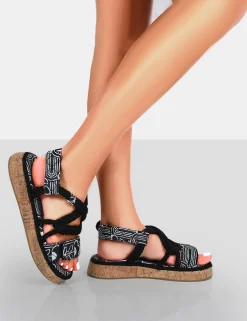 Public Desire Miami Wide Fit Printed Rope Flatform Lace Up Sandals | Women Black Sandals