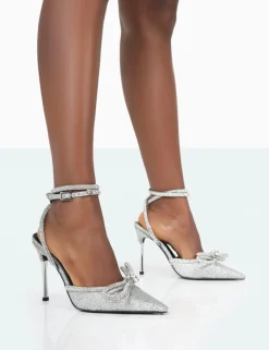 Public Desire Midnight Glitter Wrap Around Diamante Bow Pointed Toe High Heel | Women Court Heels