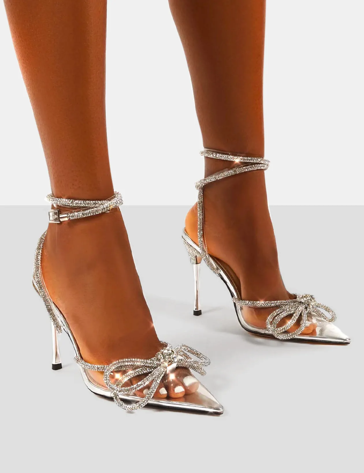 Public Desire Midnight Perspex Wide Fit Wrap Around Diamante Bow Pointed Toe High Heel | Women Court Heels