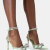 Public Desire Midnight Sage Satin Wrap Around Diamante Bow Pointed Toe High Heels | Women Court Heels