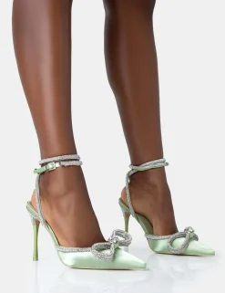 Public Desire Midnight Sage Satin Wrap Around Diamante Bow Pointed Toe High Heels | Women Court Heels