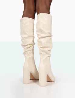Public Desire Mine Croc Pointed Toe Block Heeled Knee High Boots | Women Knee High Boots