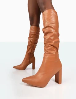 Public Desire Mine Pu Pointed Toe Block Heeled Knee High Boots | Women Knee High Boots