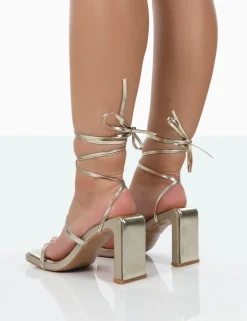 Public Desire Misha Square Toe Strappy Lace Up Thin Block Heels | Women Lace Up Heels