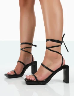 Public Desire Misha Square Toe Strappy Lace Up Thin Block Heels | Women Lace Up Heels