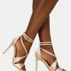 Public Desire Moana Champagne Satin Cross Over Strap Square Toe Stiletto Heels | Women Stilettos