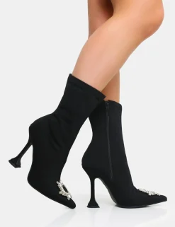 Public Desire Modena Nylon Diamantie Broach Cake Stand Heel Sock Ankle Boot | Women Sock Fit Boots