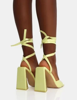 Public Desire Mojito Patent Lace Up Pyramid Block Heels | Women Square Toe Heels