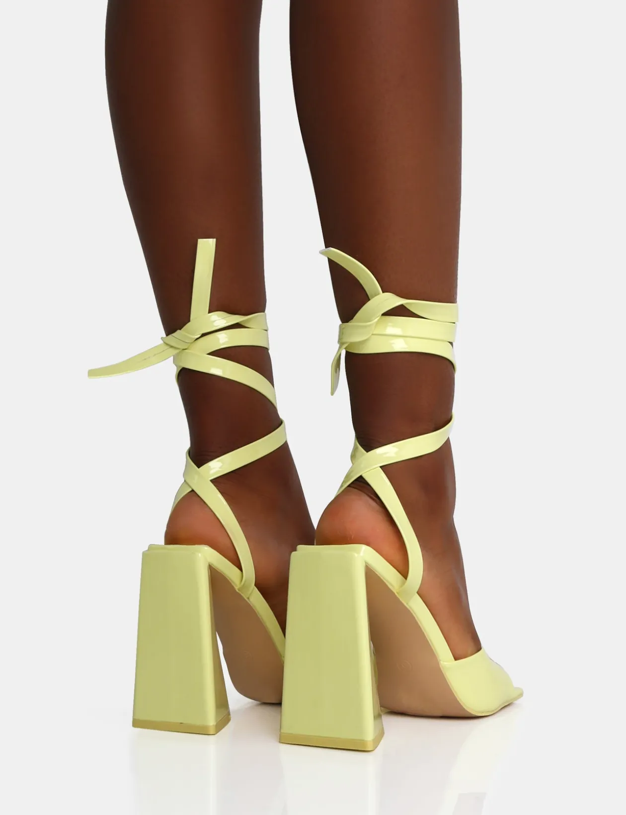 Public Desire Mojito Patent Lace Up Pyramid Block Heels | Women Square Toe Heels