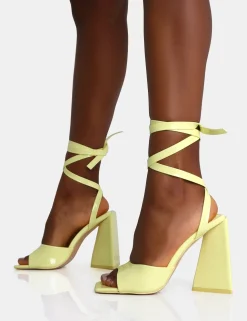 Public Desire Mojito Patent Lace Up Pyramid Block Heels | Women Square Toe Heels