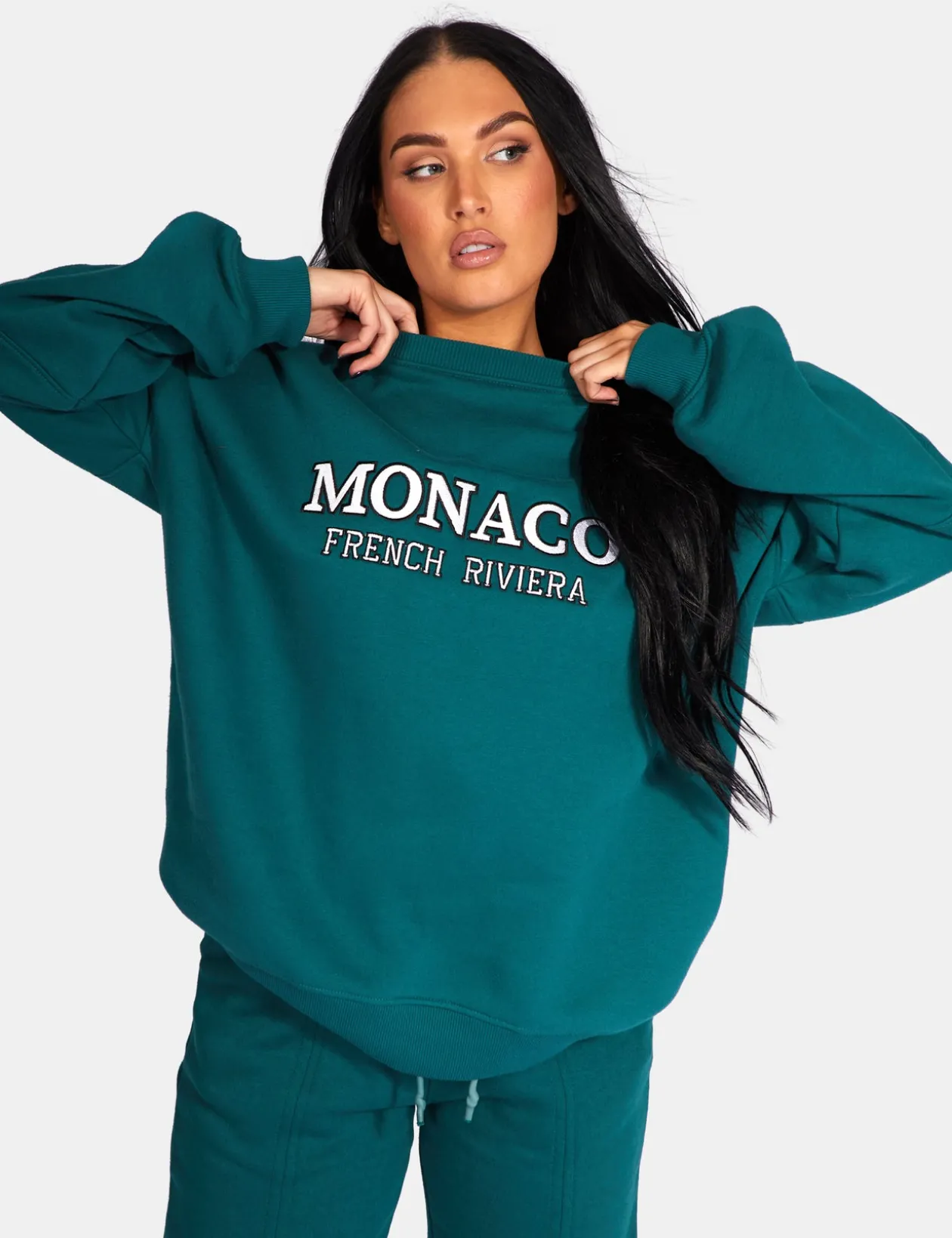 Public Desire Monaco Embroidered Sweatshirt Forest Green | Women Sweatshirt & Hoodies