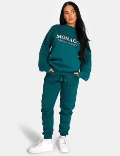 Public Desire Monaco Embroidered Sweatshirt Forest Green | Women Sweatshirt & Hoodies
