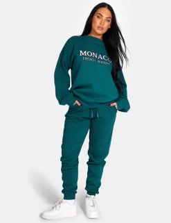 Public Desire Monaco Embroidered Sweatshirt Forest Green | Women Sweatshirt & Hoodies