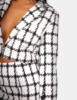 Public Desire Monochrome Textured Check Cropped Blazer Ivory | Women Outerwear & Jackets