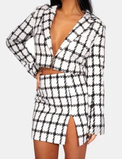 Public Desire Monochrome Textured Check Cropped Blazer Ivory | Women Outerwear & Jackets