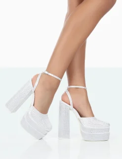 Public Desire Moonchild Diamante Satin Closed Toe Statement Platform Block Heels | Women Block Heels