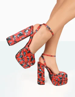 Public Desire Moonchild Floral Satin Closed Toe Statement Platform Block Heels | Women Platform Heels