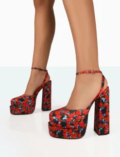Public Desire Moonchild Floral Satin Closed Toe Statement Platform Block Heels | Women Platform Heels