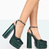 Public Desire Moonchild Metallic Green Croc Closed Toe Statement Platform Block Heels | Women Platform Heels