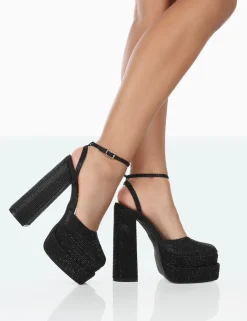 Public Desire Moonchild Sparkly Diamante Satin Closed Toe Statement Platform Block Heels | Women Block Heels