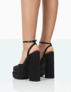 Public Desire Moonchild Sparkly Diamante Satin Closed Toe Statement Platform Block Heels | Women Block Heels