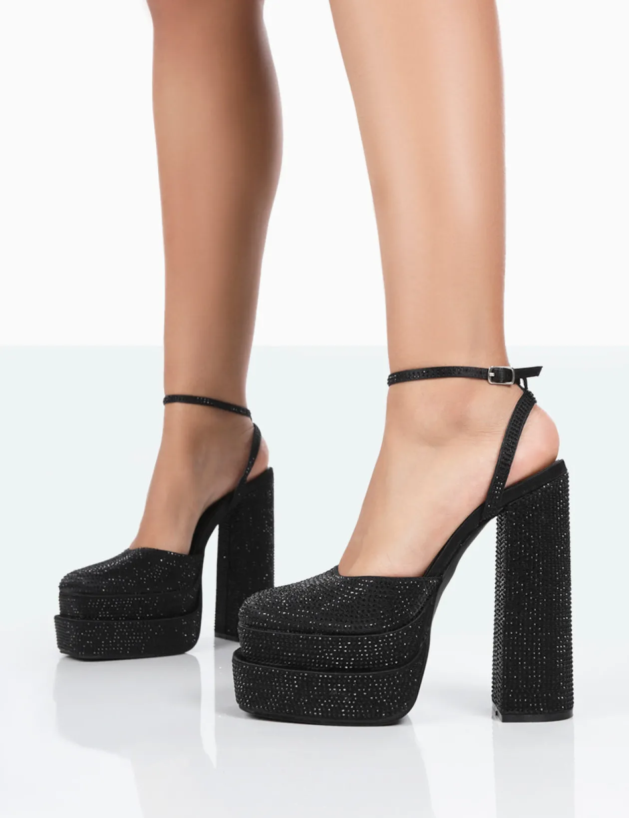 Public Desire Moonchild Sparkly Diamante Satin Closed Toe Statement Platform Block Heels | Women Block Heels