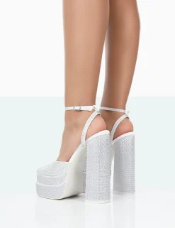 Public Desire Moonchild Wide Fit Diamante Satin Closed Toe Statement Platform Block Heels | Women Wide Fit Heels