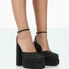 Public Desire Moonchild Wide Fit Sparkly Diamante Satin Closed Toe Statement Platform Block Heels | Women Wide Fit Heels