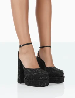Public Desire Moonchild Wide Fit Sparkly Diamante Satin Closed Toe Statement Platform Block Heels | Women Wide Fit Heels