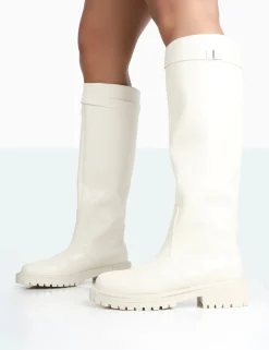 Public Desire More Fun Pu Round Toe Chunky Sole Knee High Boots | Women Chunky Boots