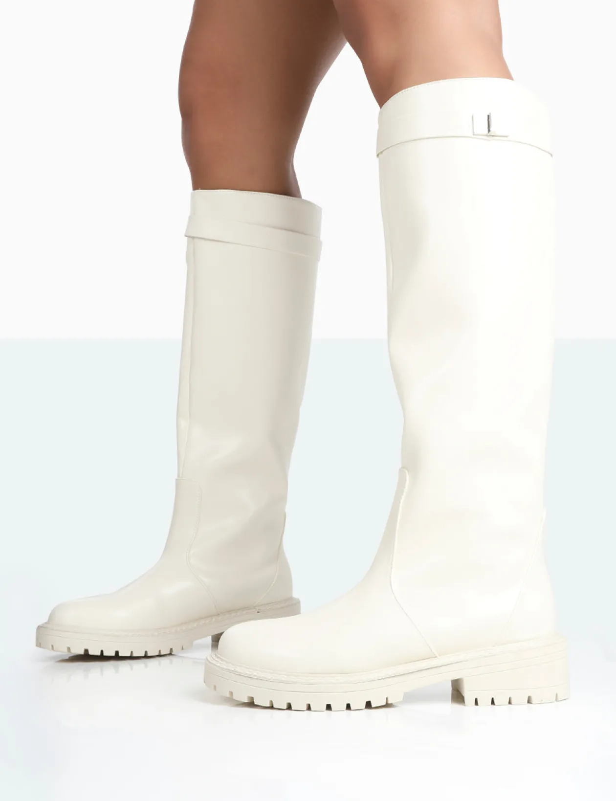 Public Desire More Fun Pu Round Toe Chunky Sole Knee High Boots | Women Chunky Boots