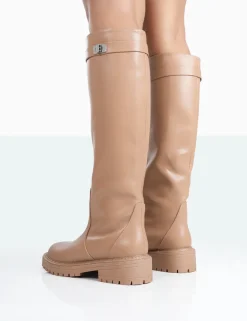 Public Desire More Fun Pu Round Toe Chunky Sole Knee High Boots | Women Chunky Boots
