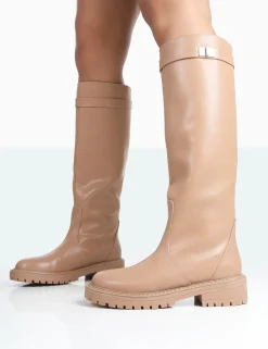 Public Desire More Fun Pu Round Toe Chunky Sole Knee High Boots | Women Chunky Boots