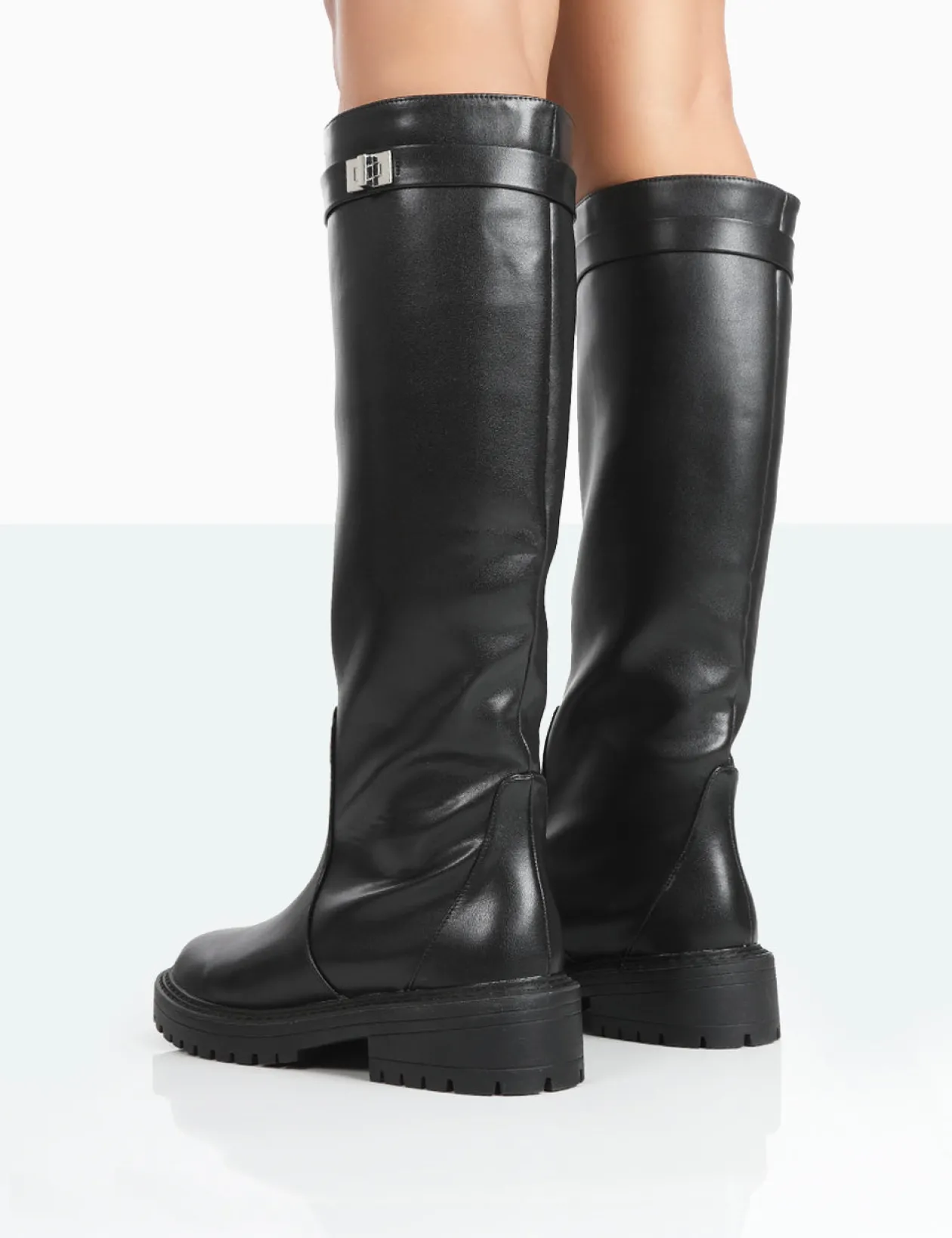 Public Desire More Fun Pu Round Toe Chunky Sole Knee High Boots | Women Chunky Boots