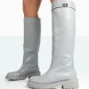 Public Desire More Fun Wide Fit Pu Round Toe Chunky Sole Knee High Boots | Women Chunky Boots