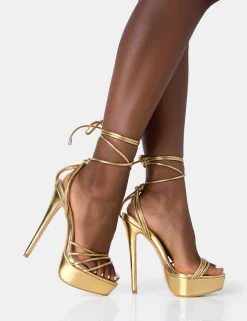 Public Desire Muse Gold Metallic Pu Strappy Lace Up Platform Pointed Toe Stiletto Heels | Women Stilettos
