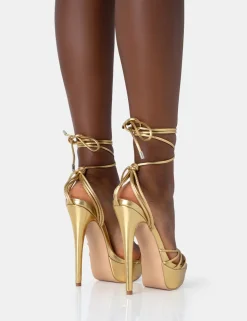 Public Desire Muse Gold Metallic Pu Strappy Lace Up Platform Pointed Toe Stiletto Heels | Women Stilettos