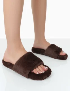 Public Desire Namaste Chocolate Fluffy Faux Fur Slippers | Women Slippers