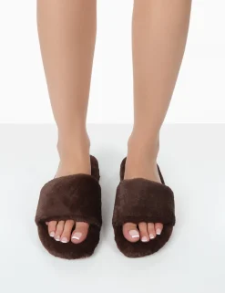 Public Desire Namaste Chocolate Fluffy Faux Fur Slippers | Women Slippers