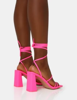 Public Desire Natty Neon Pu Lace Up Square Toe Mid Block Heels | Women Square Toe Heels