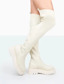 Public Desire New-Me Pu And Knit Over The Knee Chunky Sole Sock Fit Boots | Women Over The Knee Boots