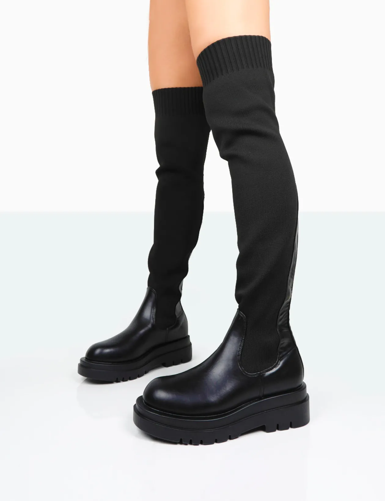 Public Desire New-Me Pu And Knit Over The Knee Chunky Sole Sock Fit Boots | Women Chunky Boots