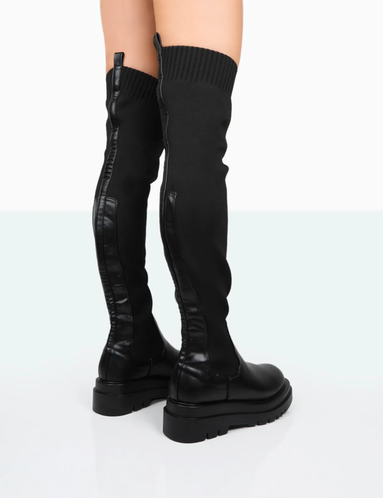 Public Desire New-Me Pu And Knit Over The Knee Chunky Sole Sock Fit Boots | Women Chunky Boots