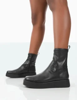 Public Desire Not Okay Pu Chunky Sole Platform Sock Ankle Boots | Women Flat Boots