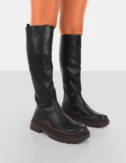 Public Desire On Point Black Pu Chunky Sole Knee High Boots | Women Knee High Boots