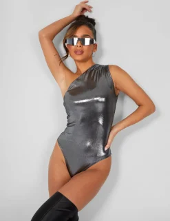 Public Desire One Shoulder Ruched Metallic Bodysuit | Women Bodysuits